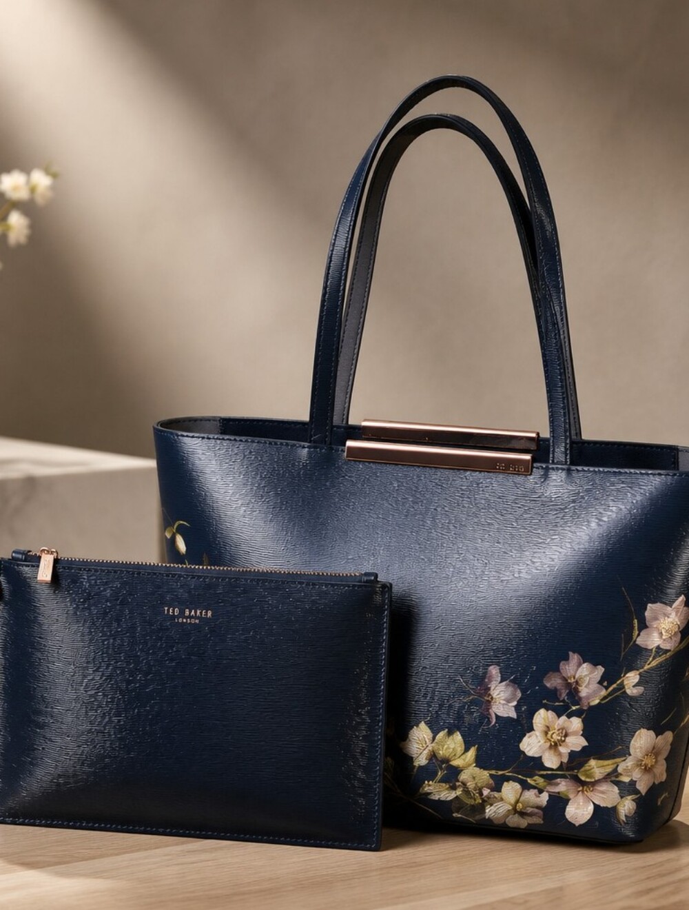 Ted Baker Arboretum print leather shopper tote And Zip Pouch Set